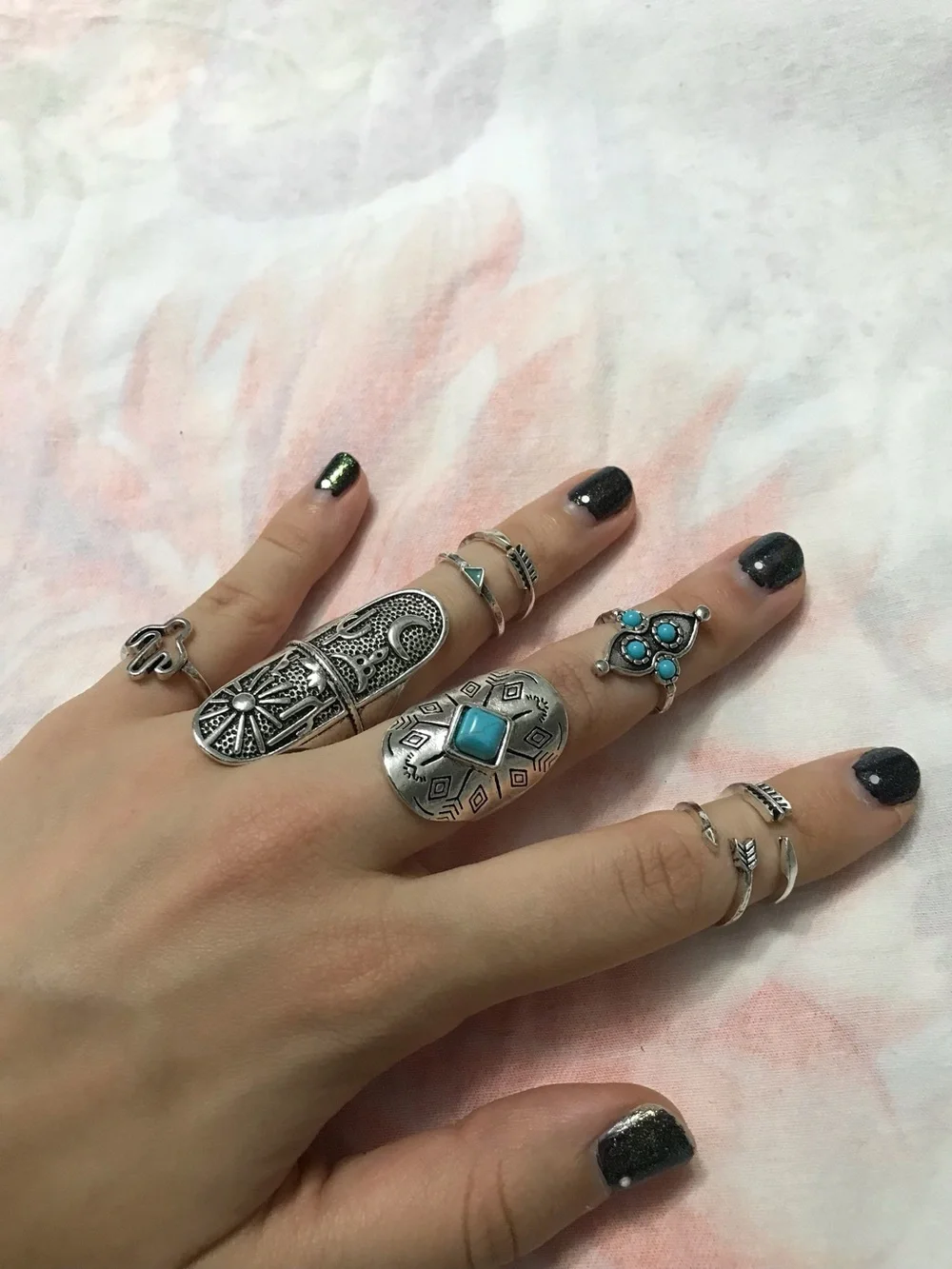 Silver Tone Dessert Blue Turquoise Ring Lot 8 pieces